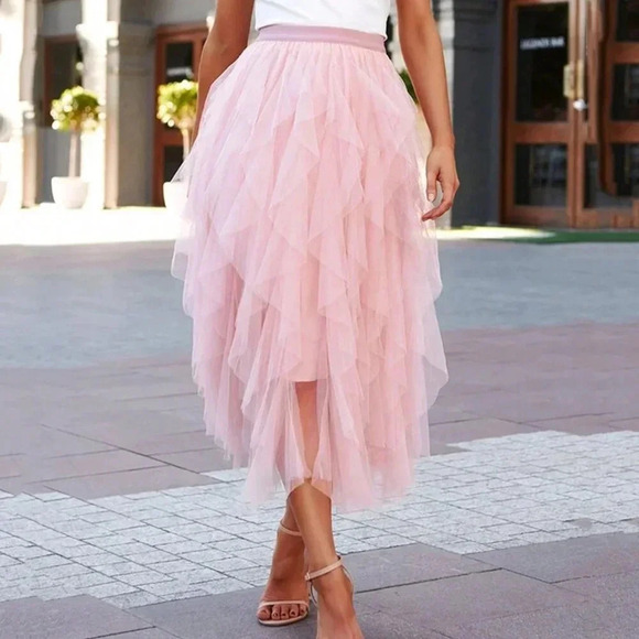 Dusty Pink Elegant Women's Layered Hem Mesh Overlay Skirt - Picture 1 of 4